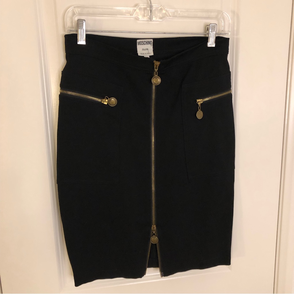 Boutique Moschino Jeans Black Stretch Exposed Zipper Midi Skirt Size 8 Italy